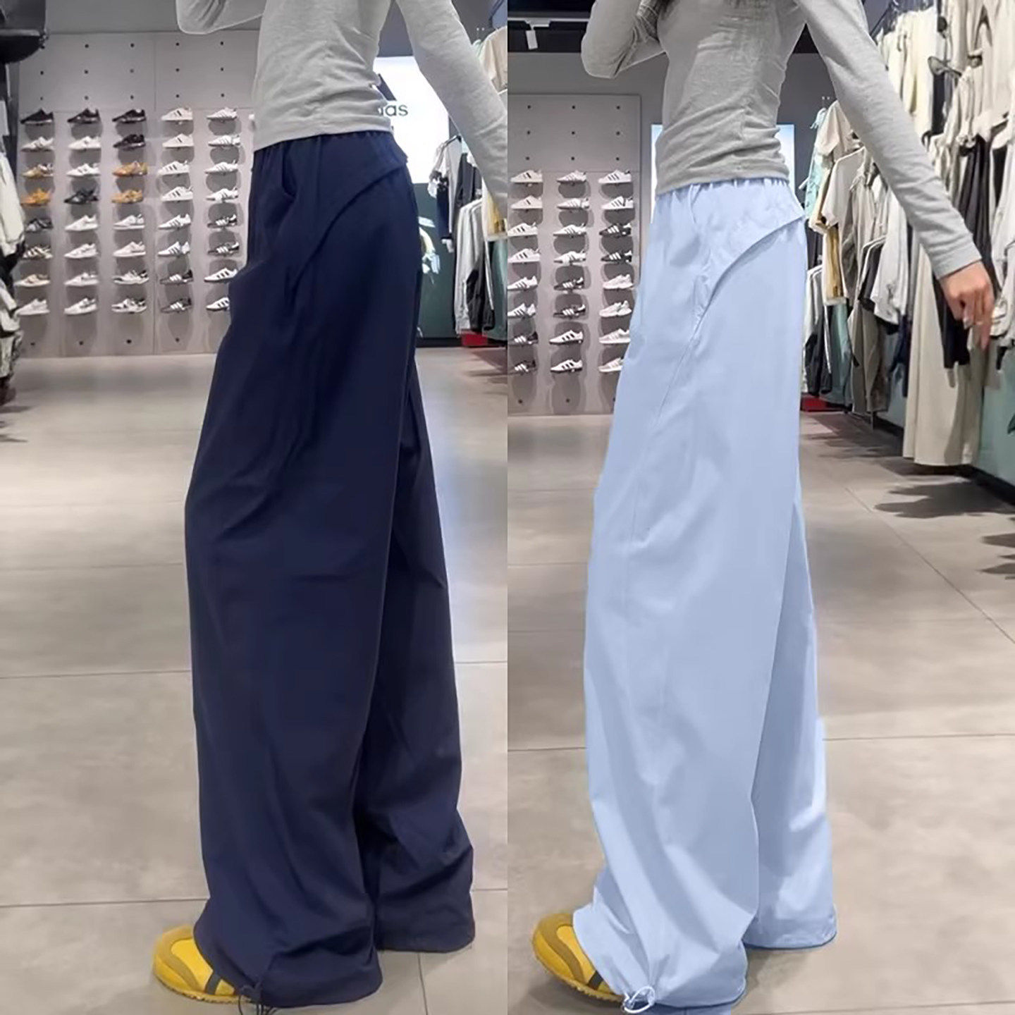 蓝色工装裤女款2026新款春季高腰宽松垂感小个子速干运动直筒裤子