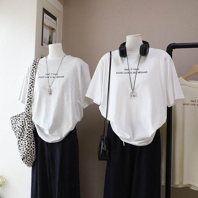 [比正]2026春夏新款韩版圆领字母印花休闲百搭宽松短袖T恤女5921