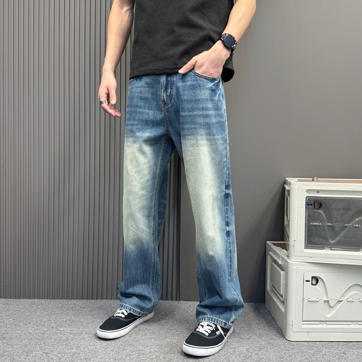 复古竹节纹牛仔裤男痞帅宽松高级感裤子情侣宽松磨白直筒长裤潮牌