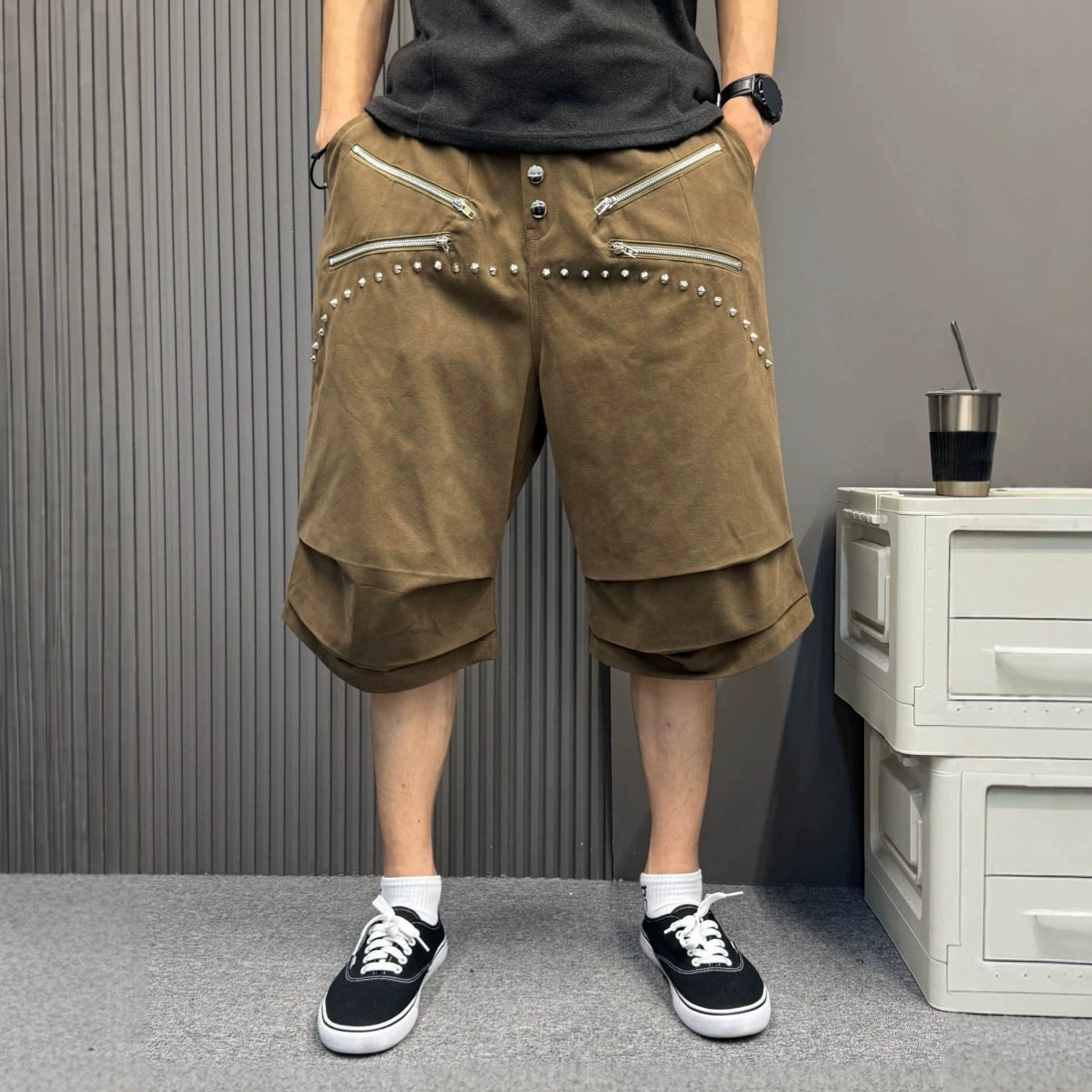 复古工装铆钉拉链七分裤男生宽松大裆阔腿中裤潮人个性百搭休闲裤