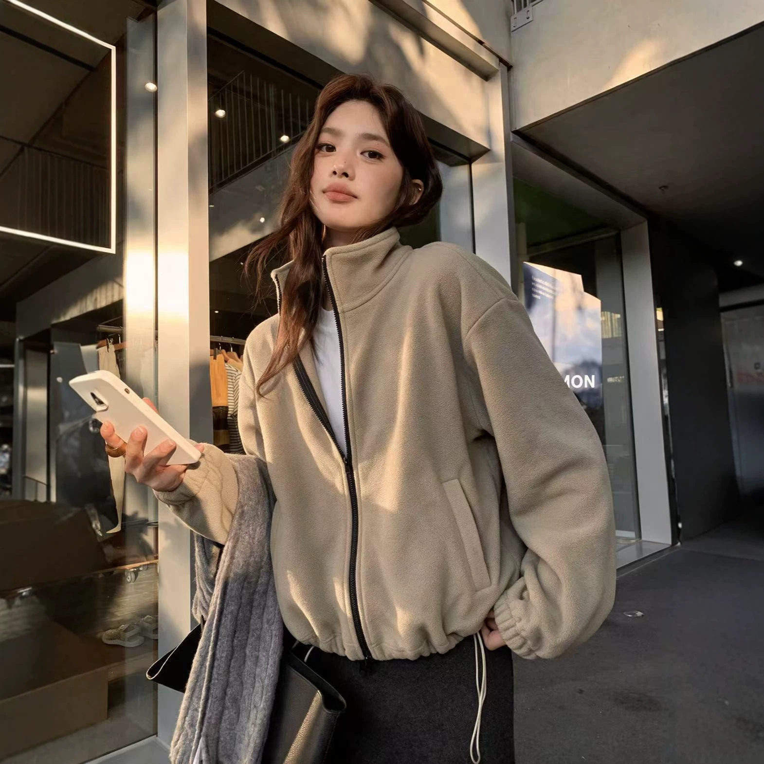 韩国chic秋冬款毛绒绒加厚保暖大衣女时尚百搭立领拉链卫衣外套潮