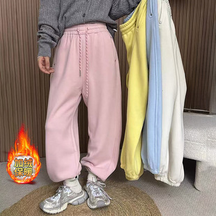 加绒加厚松紧腰运动裤女冬季新款糖果色宽松直筒显瘦百搭束