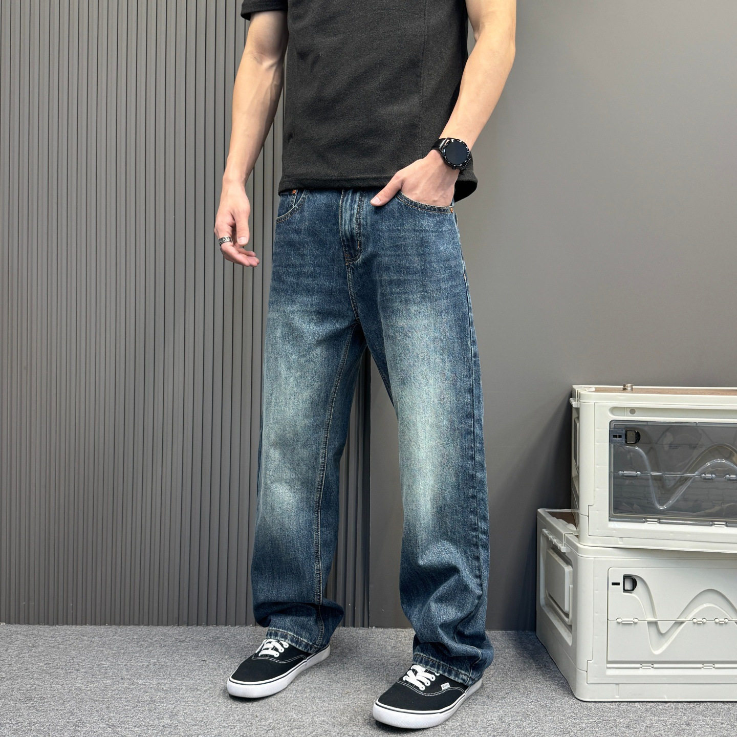 极简松弛风蓝色直筒牛仔裤男春秋款垂感宽松休闲阔腿裤女潮流百搭
