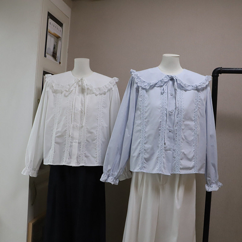 [比正]2026春季新款韩版小清新减龄蕾丝花边娃娃领显瘦衬衫女5997