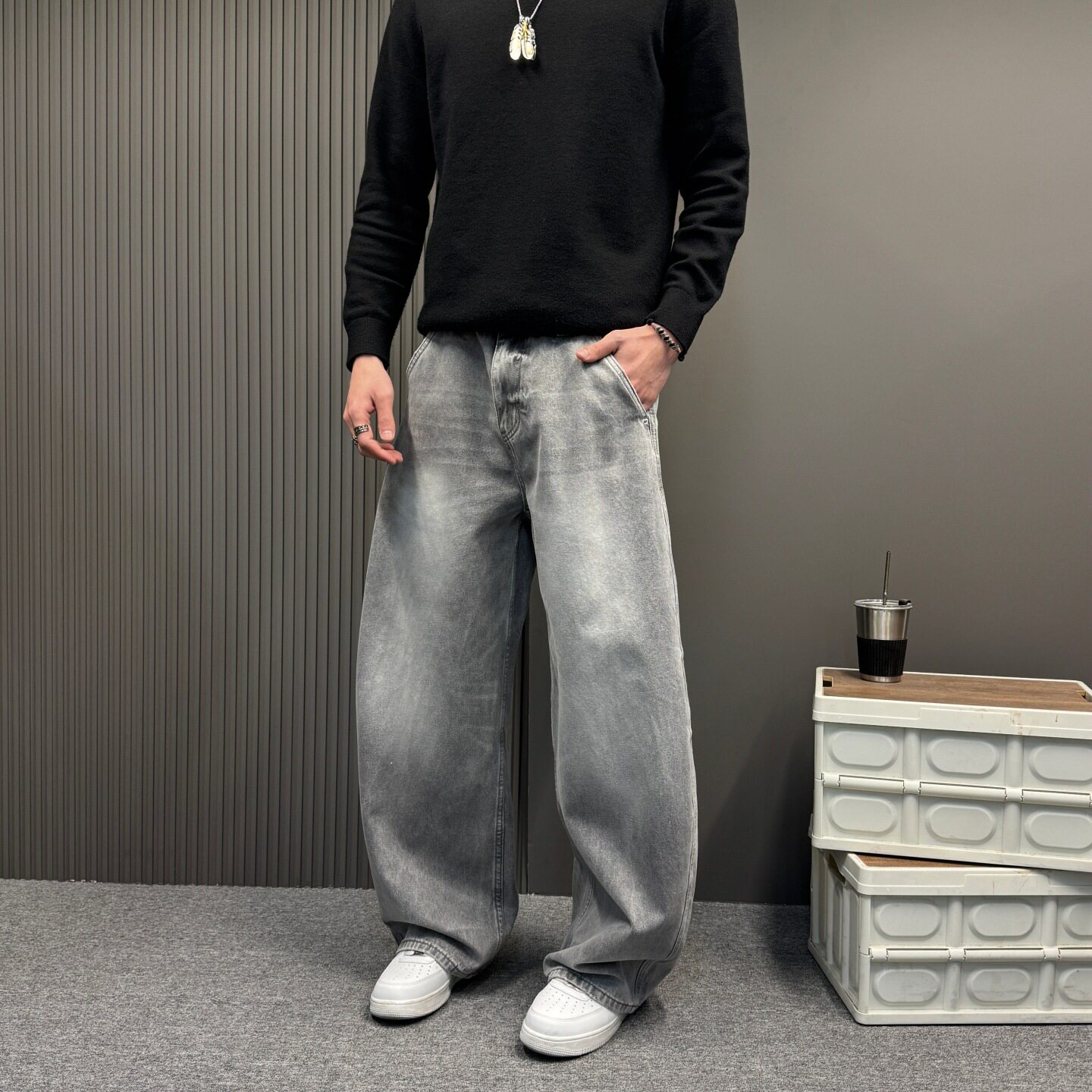 美式经典灰色水洗弯刀牛仔裤男女中性宽松廓形休闲vintage裤子ins