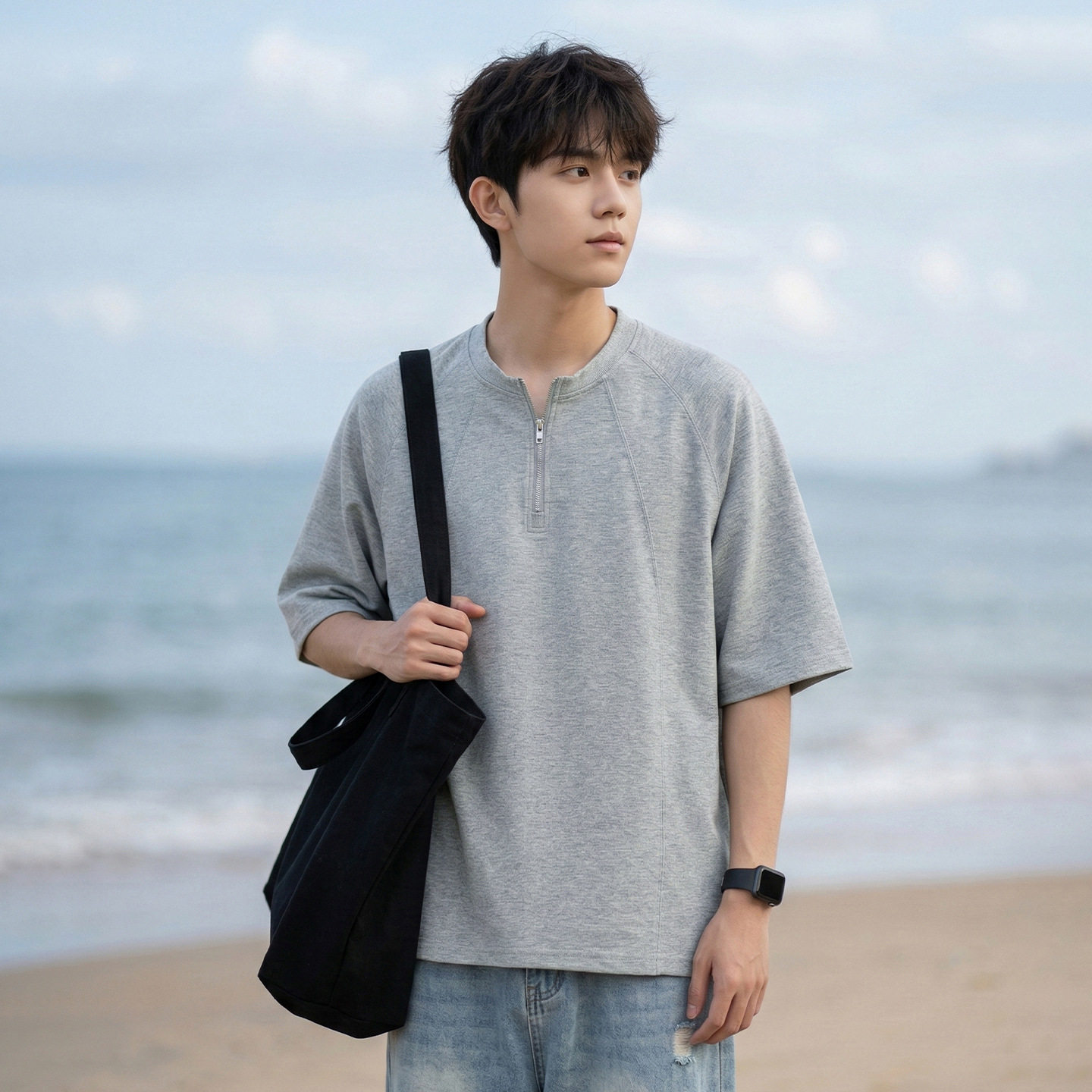 立体分割设计半拉链短袖T恤男夏季款高街美式质感空气层半袖体恤