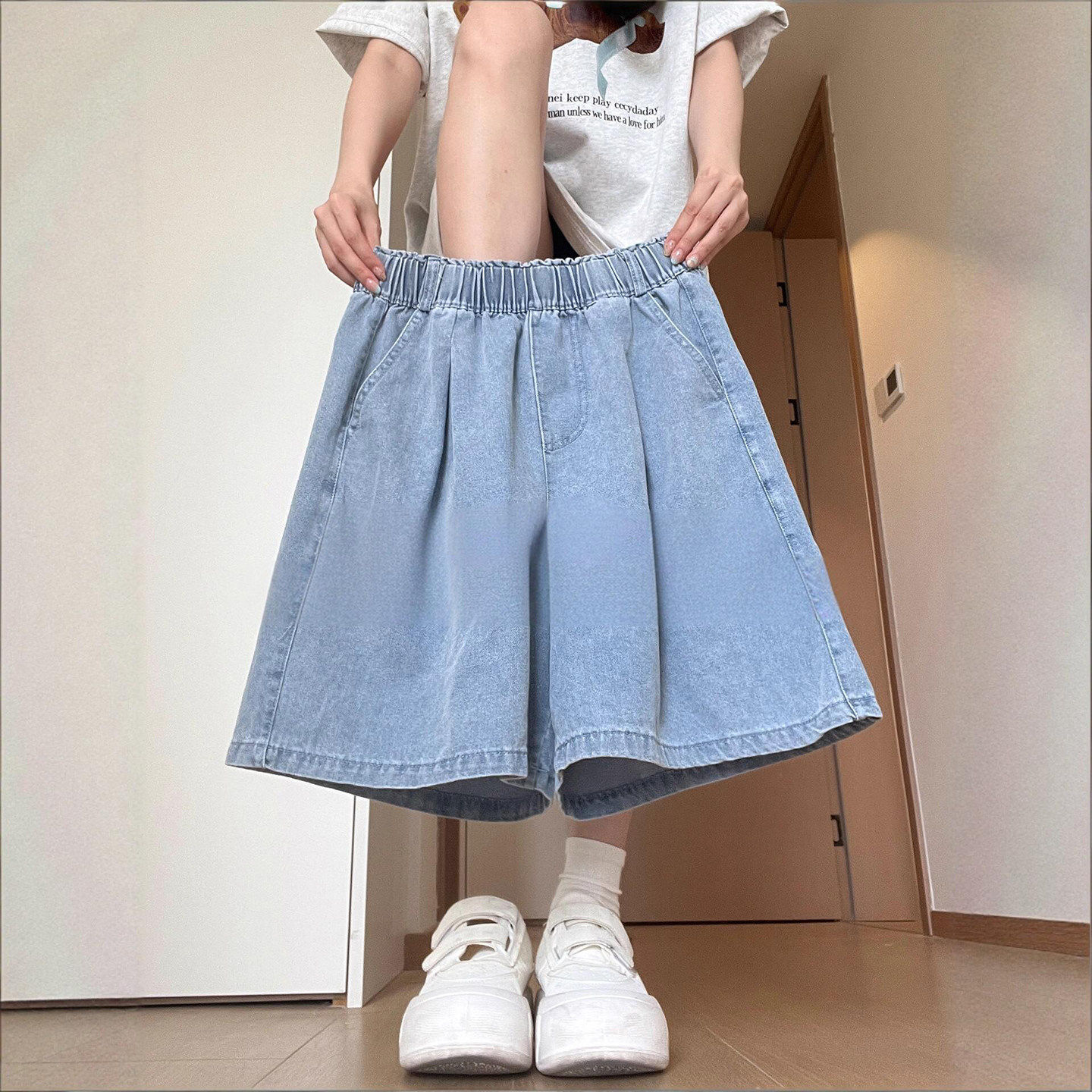 天丝牛仔短裤女夏季薄款大码胖mm宽松阔腿小个子松紧腰冰丝五分裤