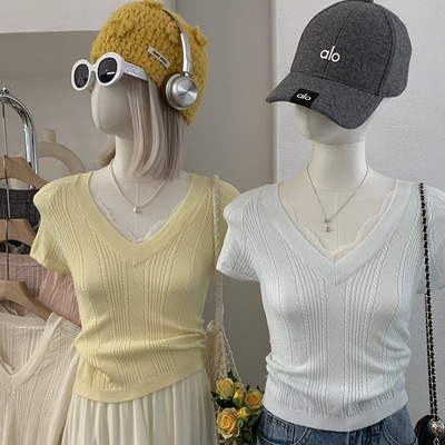欧玛莱 蕾丝拼接V领设计感弹力修身显瘦百搭短袖针织上衣实拍6448