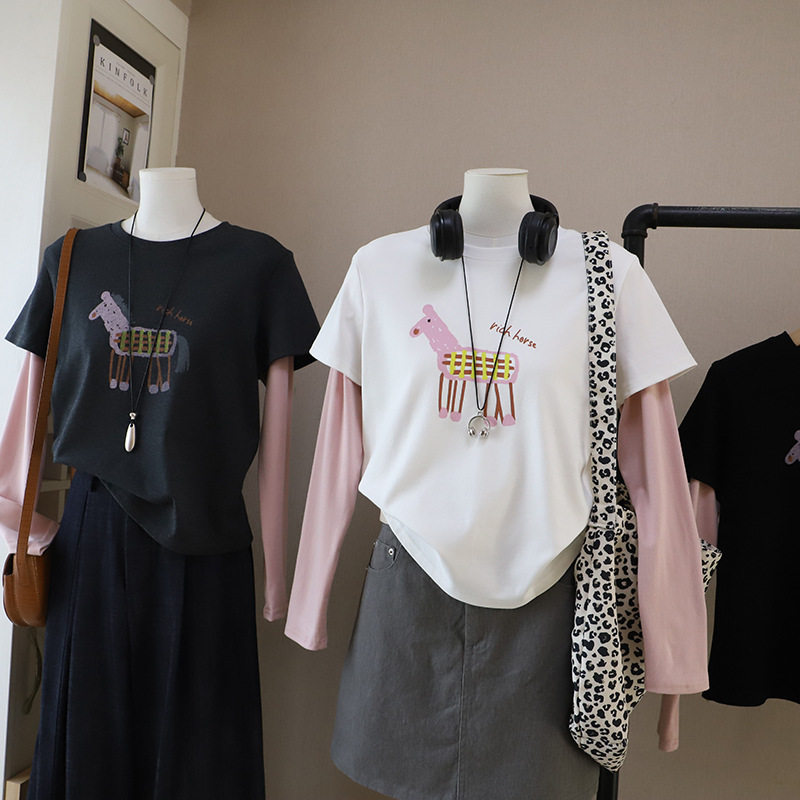 [比正]2026春季新款韩版时尚设计感假两件休闲百搭长袖T恤女6035