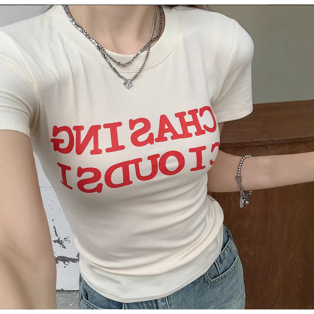 美式ins风格圆领字母印花正肩短袖T恤女春夏2026新款复古显瘦上衣