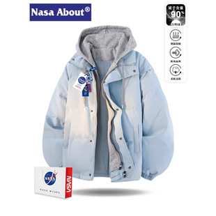 加厚防寒冬装 潮流连帽外套男女同款 ABOUT假两件羽绒服男新款 NASA