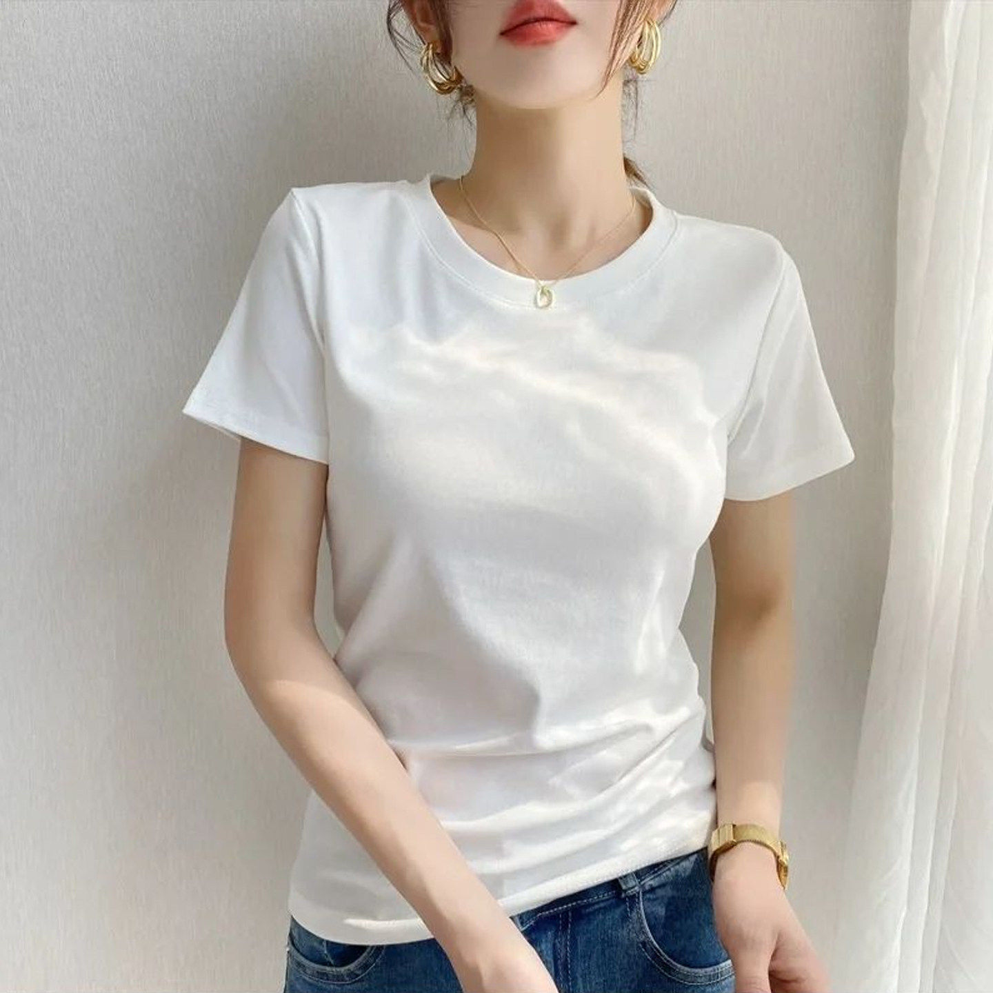白色正肩短袖t恤女2026新款夏季修身显瘦大码胖mm穿搭巨好看上衣