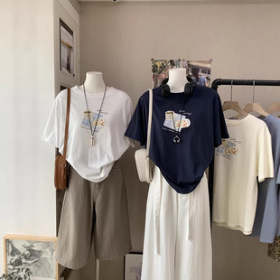 新品 韩版 时尚 印花宽松显瘦休闲短袖 2026夏季 个性 T恤女6170 比正