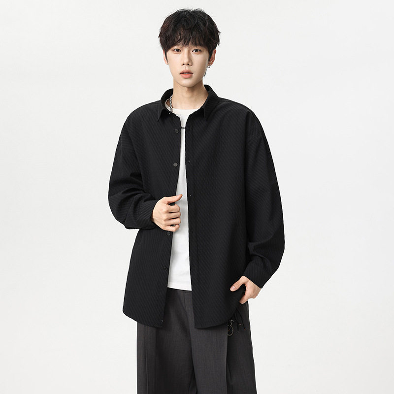 日系港风复古军绿色竖条纹长袖衬衫男痞帅高级感男装美式衬衣外套