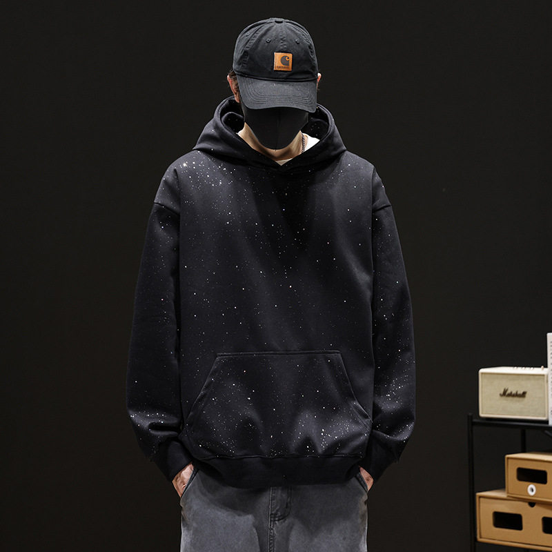 新款重磅黑色满天星卫衣男春季潮牌连帽衫高级感痞帅cleanfit外套