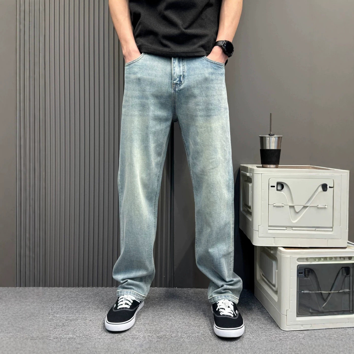 牛仔裤男美式复古浅蓝水洗直筒宽松显瘦潮流百搭男生日常休闲长裤