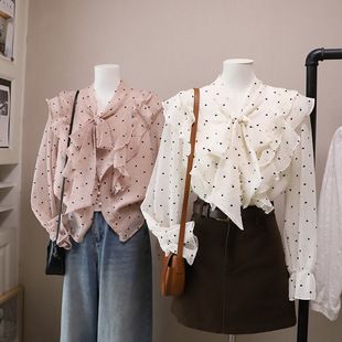 比正 衬衫 2026早春新款 荷叶边爱心珍珠扣系带漂亮长袖 女5819 韩版