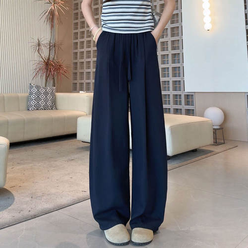 藏青色亚麻弯刀裤女夏薄款2026新款胖mm大码显瘦宽松慵懒风阔腿裤