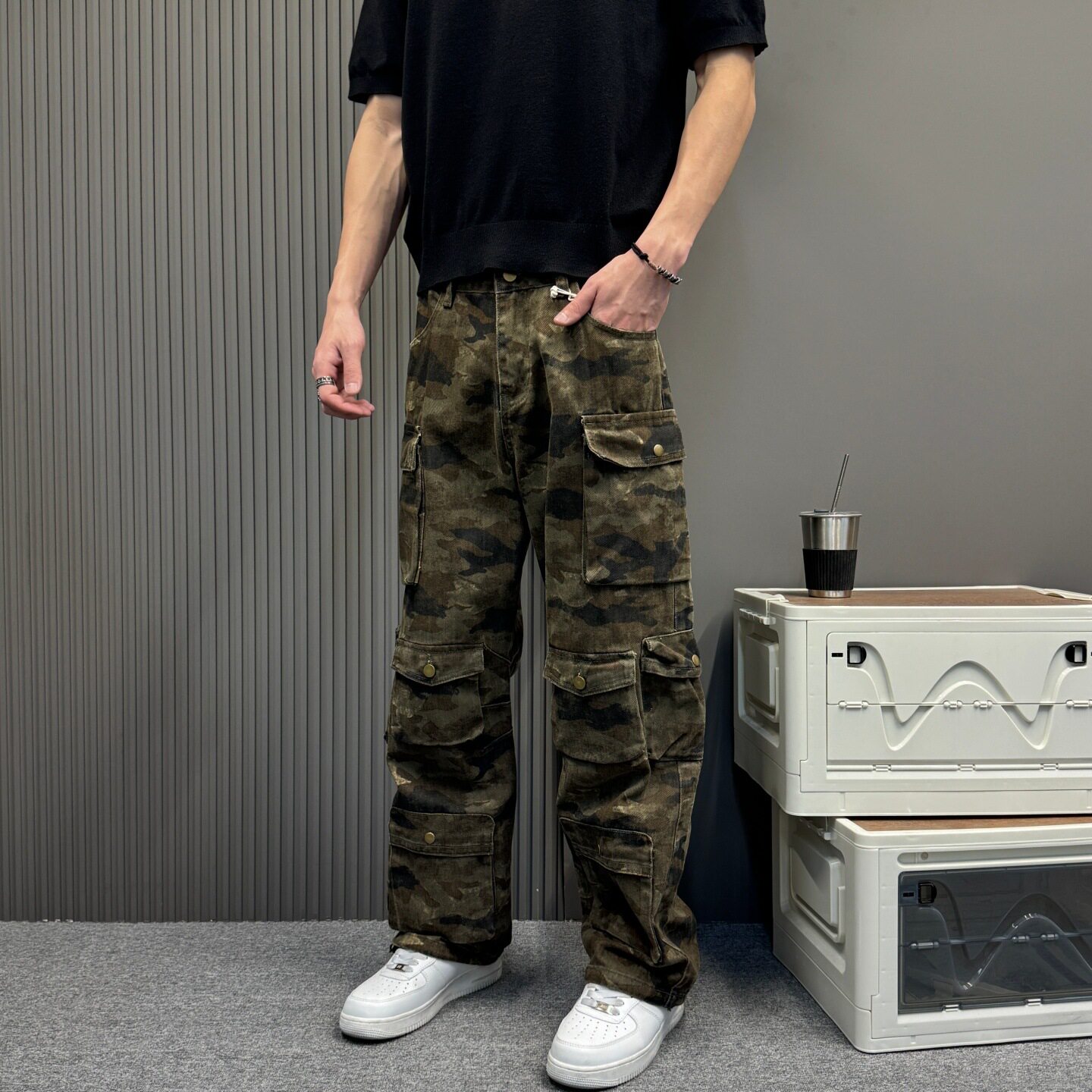 美式复古迷彩工装牛仔裤男潮牌多口袋宽松直筒休闲长裤子春秋新款