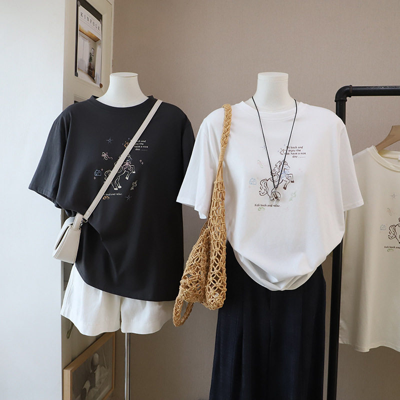 [比正]2026春夏新款 韩版字母马年图案印花宽松休闲短袖T恤女6095