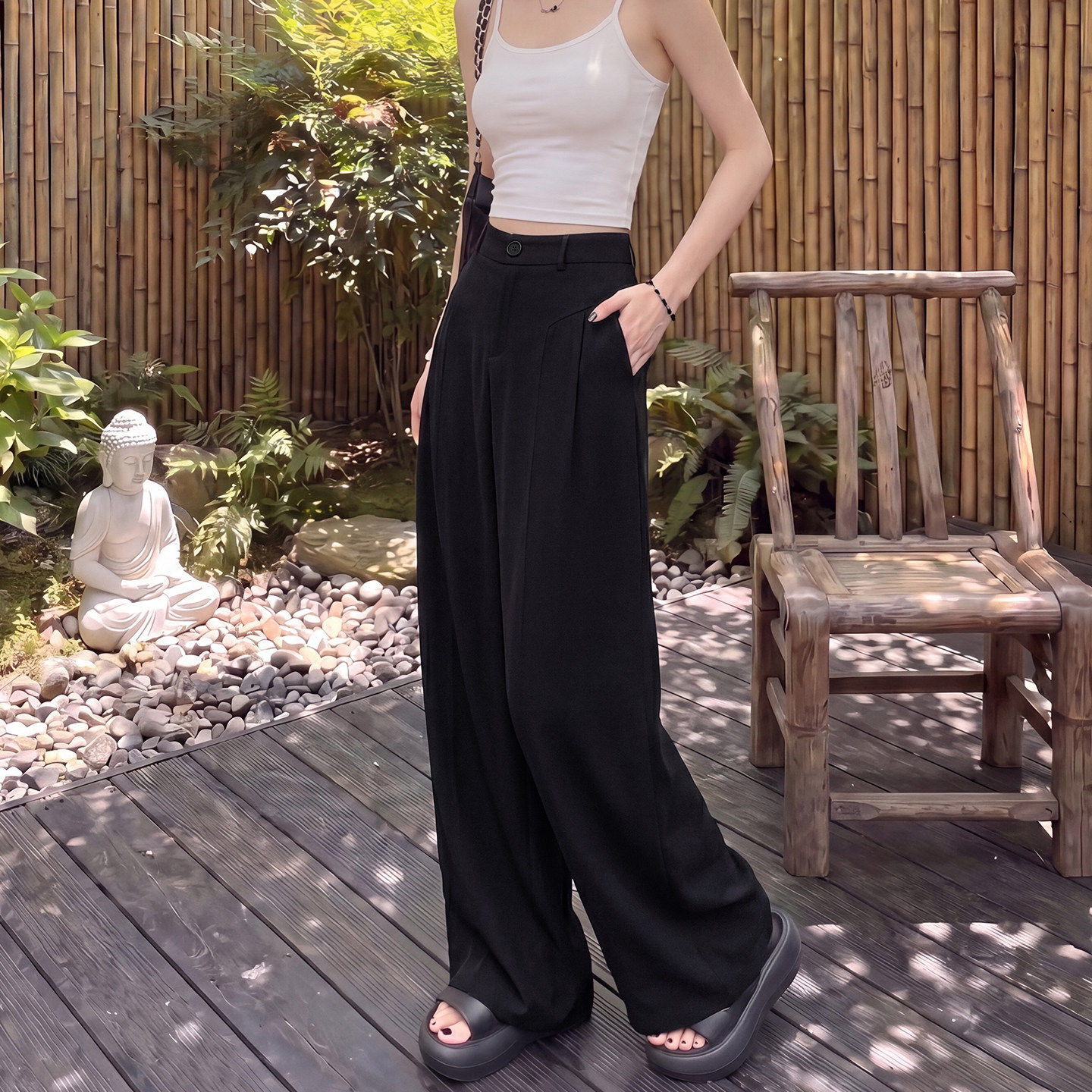 黑色亚麻阔腿裤女夏季薄款2026新款高级感垂感高腰直筒休闲西装裤