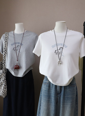 [比正]2026春夏新款韩版圆领字母卡通印花休闲百搭短袖T恤女5876