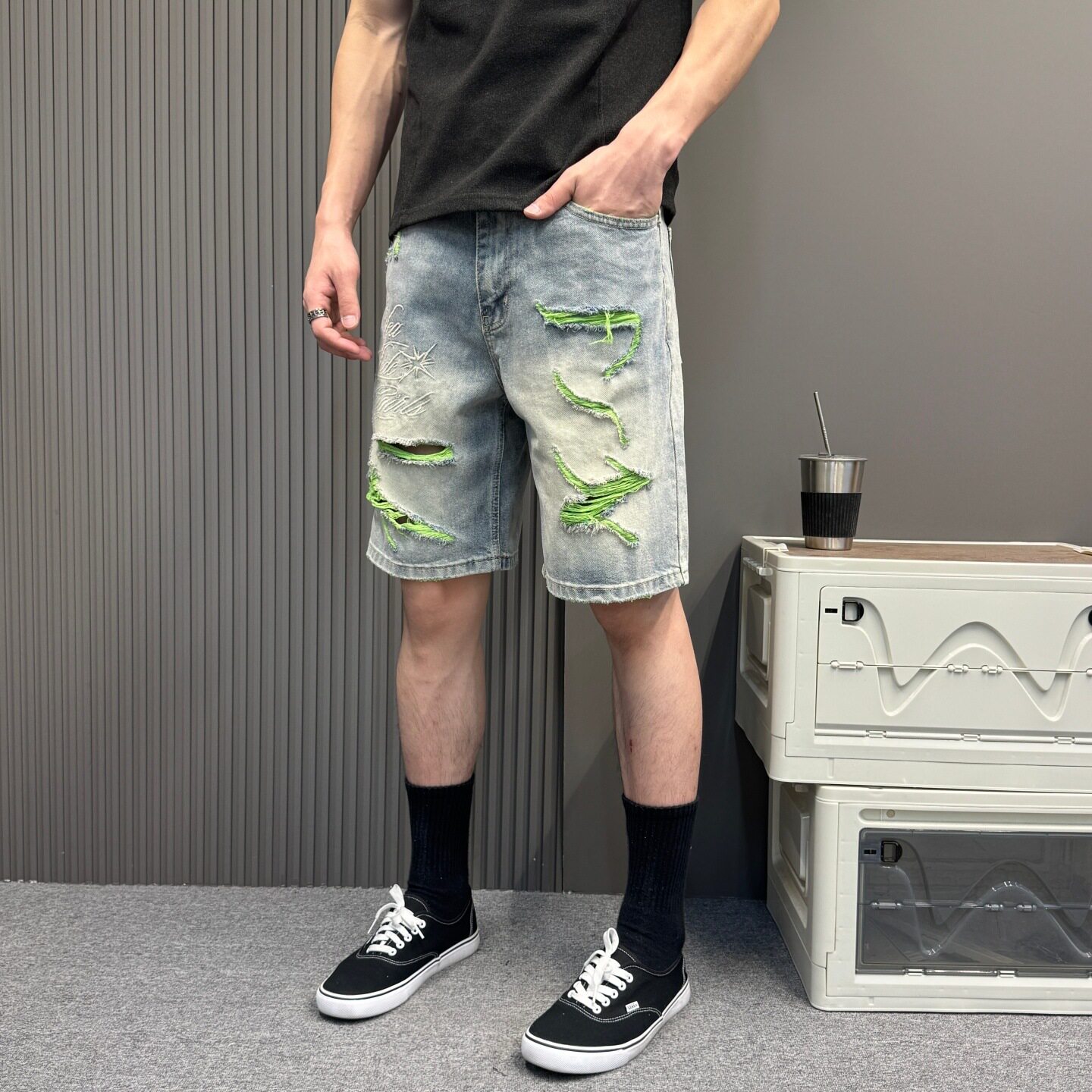 2026美式高街破洞男士宽松牛仔短裤男夏季五分裤潮牌刺绣中裤子