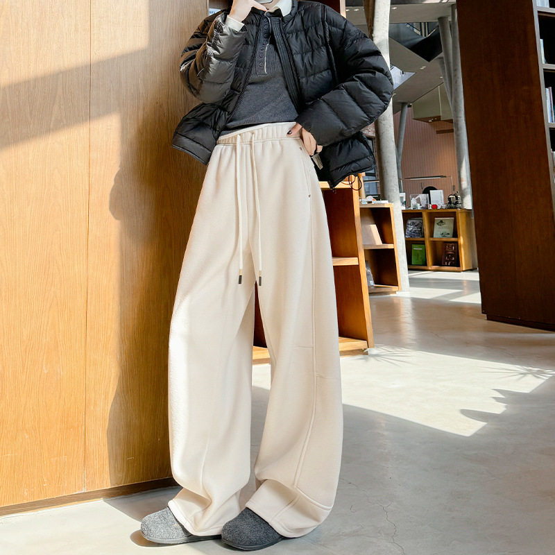 铆钉奥粒绒加绒裤子女冬新款宽松高腰直筒弯刀裤休闲小个子运动裤