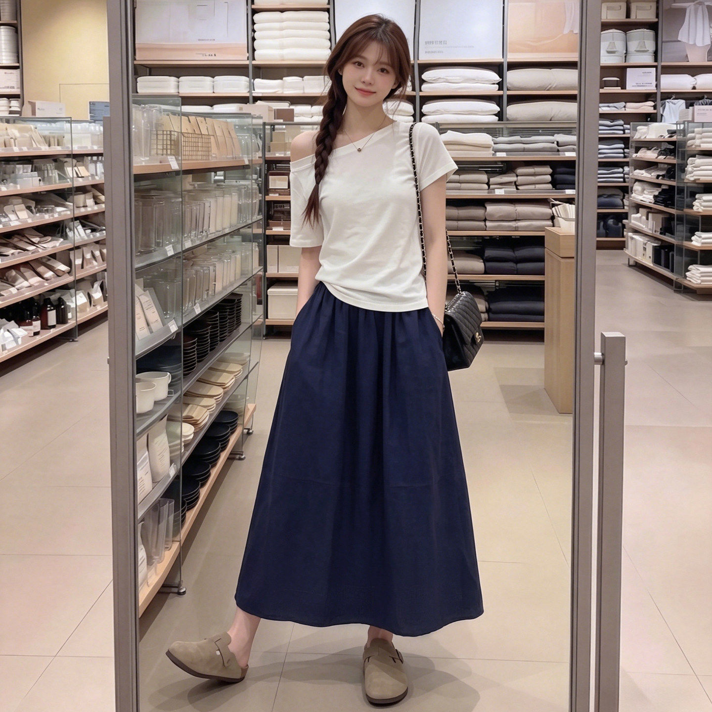 藏青色亚麻半身裙女夏季a字长裙大码梨型身材遮胯显瘦棉麻南瓜裙