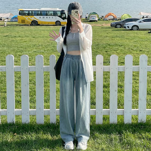 天丝牛仔裤女春秋2026新款松紧腰垂感阔腿宽松小个子窄版直筒裤子