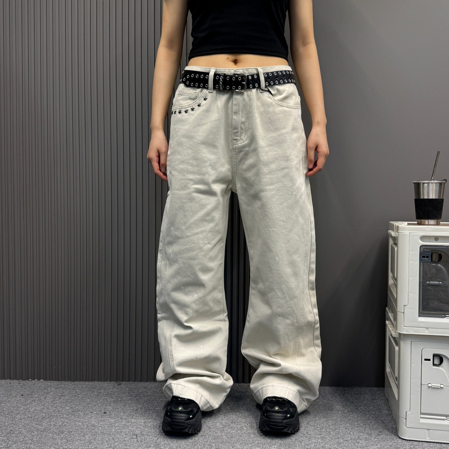 美式星星铆钉泼墨宽松阔腿牛仔裤男款 秋季微喇裤子女高街直筒裤