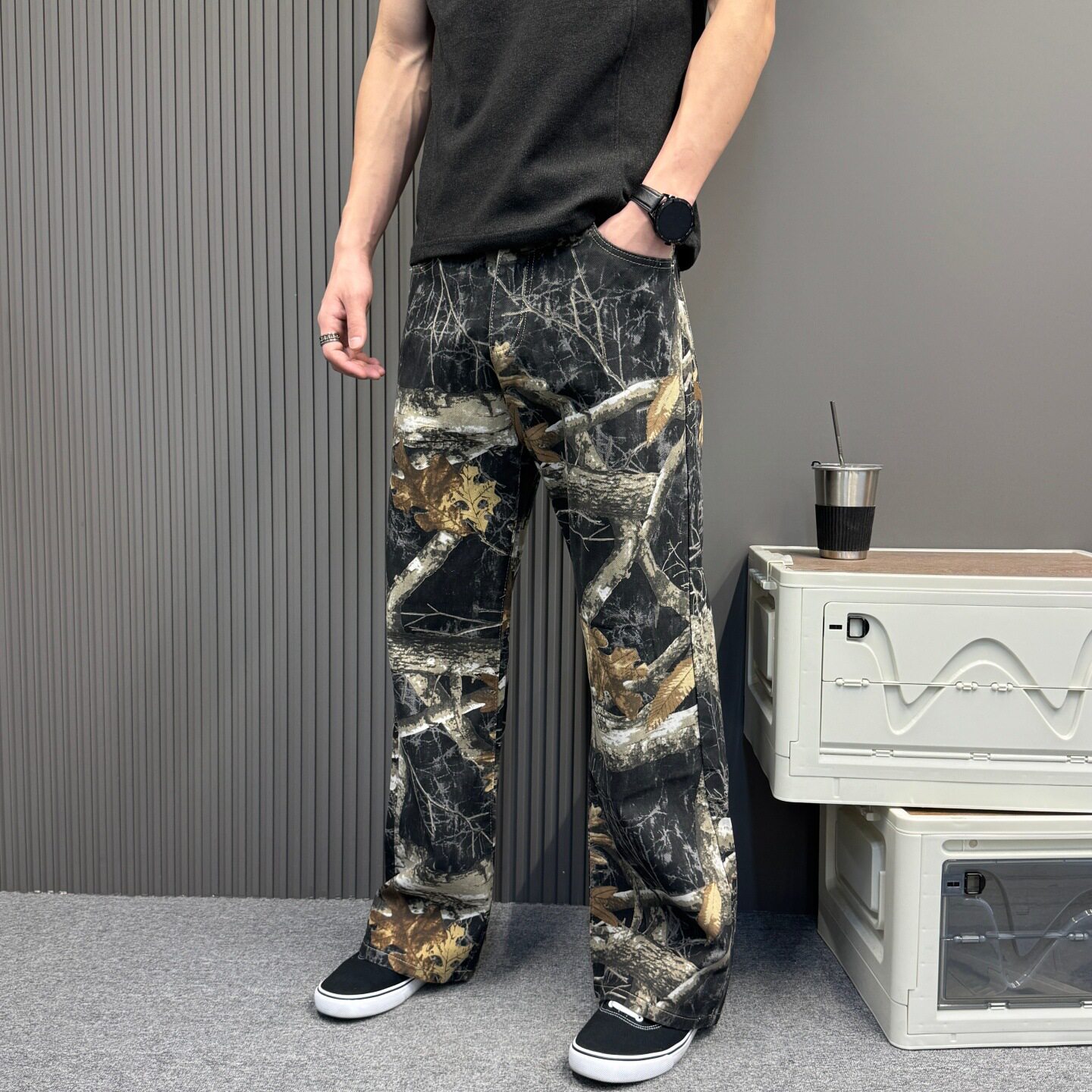 美式复古小众设计感树枝直筒做旧拖地街头联名涂鸦印花潮男牛仔裤