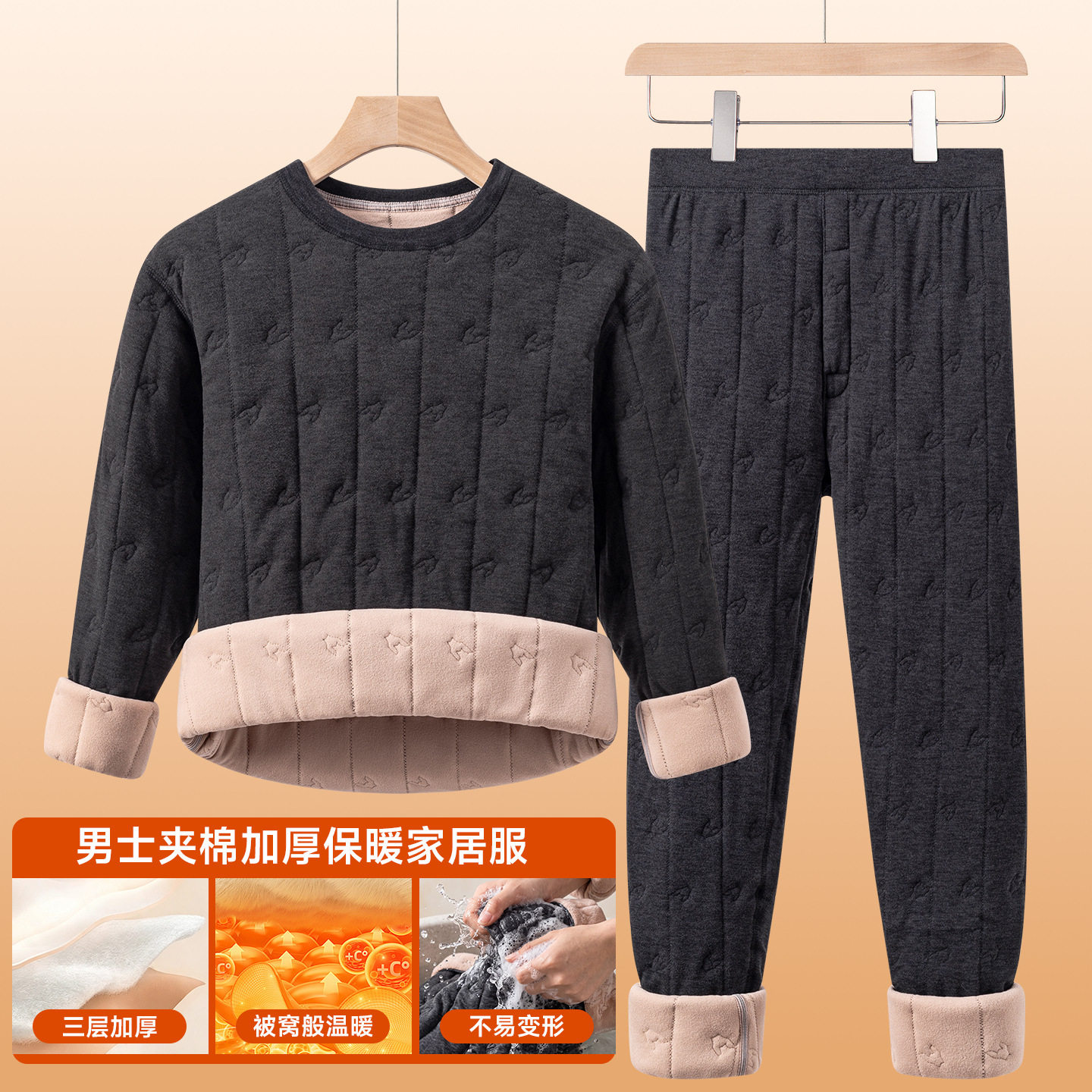 加厚夹棉保暖内衣男套装男款圆领长袖家居服防寒保暖秋衣秋裤舒适