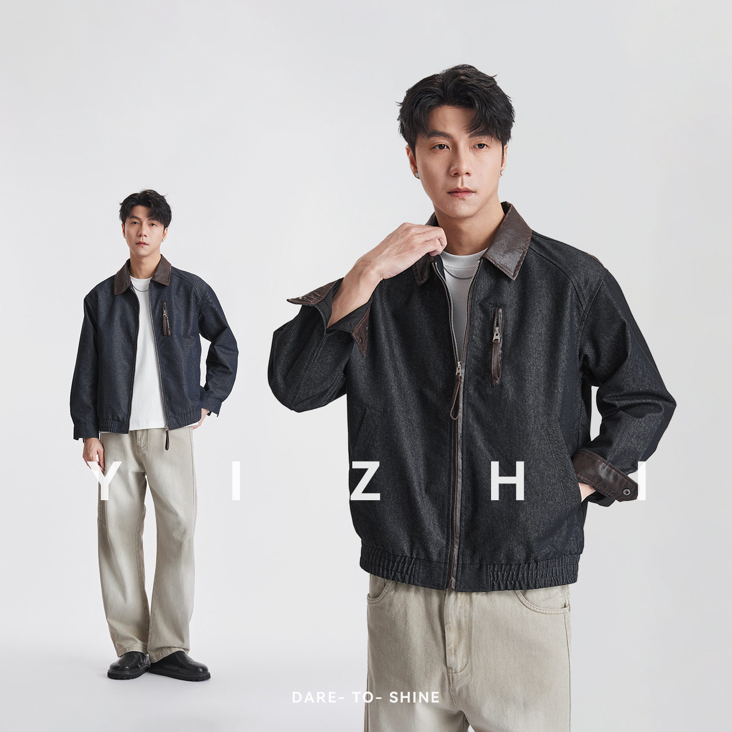 亦止秋季简约牛仔外套翻领拼接撞色宽松工装男士百搭休闲立体夹克
