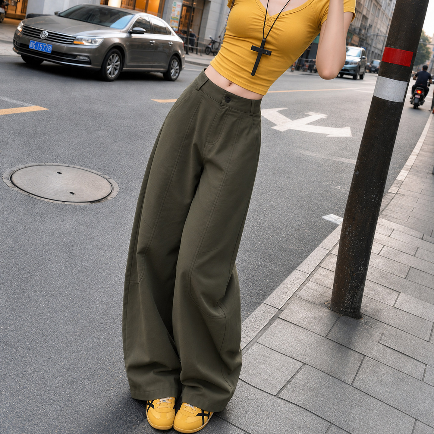 军绿色弯刀工装裤女夏薄2026新款今年流行梧桐裤小个子速干运动裤
