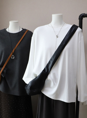 [比正]2025秋冬新韩版圆领简约宽松显瘦百搭磨毛中长款T恤女5553