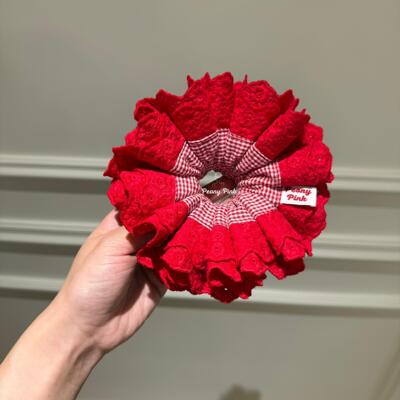 Peony Pink 芍药粉·格子棉布四层蕾丝发圈