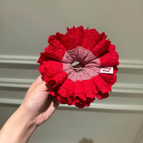 Peony Pink 芍药粉·格子棉布四层蕾丝发圈