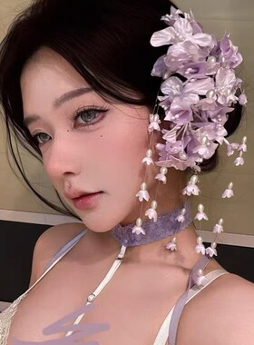 超仙紫色铃兰花流苏发夹女头饰新中式古风复古头花发卡侧边夹发饰