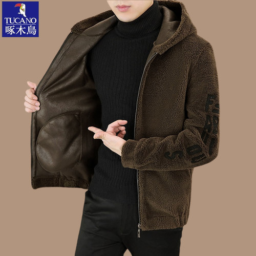 啄木鸟美拉德秋冬季新款羊羔绒外套男士皮毛一体高档休闲夹克男装