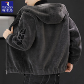 啄木鸟秋冬羊剪绒连帽毛呢夹克加绒加厚皮毛一体男装 刺绣开衫 外套