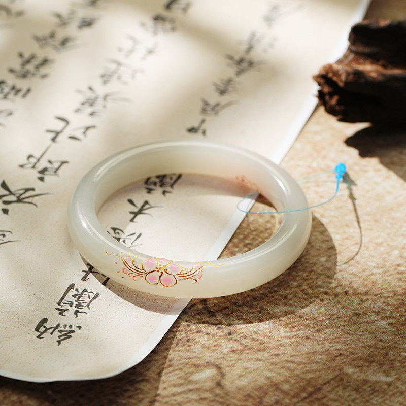 鑫浩矿业天然和田玉且末荔枝冻桃花手镯圆条国风镯子送妈妈带证书