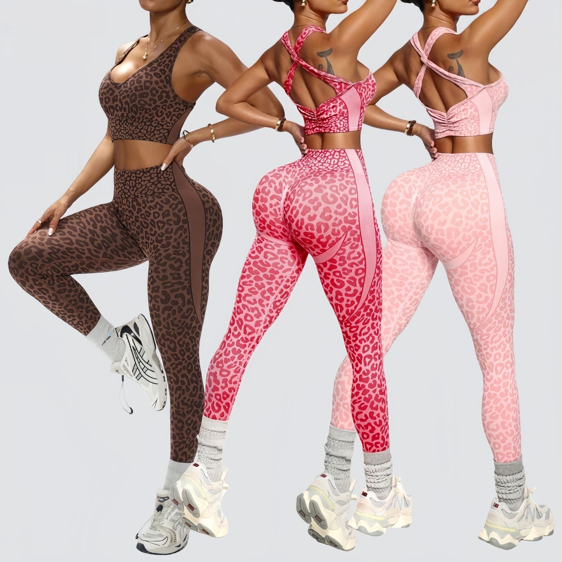 新款运动健身套装女豹纹印花背心提臀长裤紧身两件套跑步瑜伽服