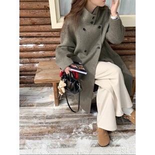 毛呢外套 中长款 韩系立领双排扣羊毛双面呢大衣女秋冬新款 巨好看