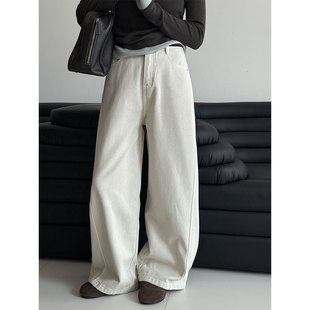 子 配腰带高腰休闲直筒长裤 复古白色加绒阔腿牛仔裤 女2025秋冬新款