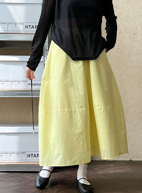 别致优雅黄色半身裙女秋新款高腰显瘦A字裙宽松遮胯伞裙仙女裙子