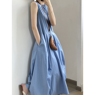 蓝色花苞连衣裙女夏2025新款