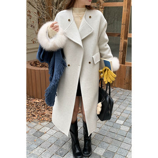 外套可拆卸毛袖 流苏针织披肩羊毛双面呢大衣女秋冬新款 韩系风长款