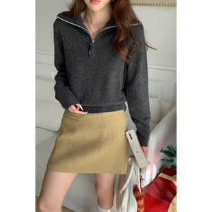 简约半拉链翻领套头针织衫 韩系慵懒松弛感宽松毛衣 上衣女秋冬新款