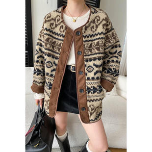 复古拼接腰果花仿羊羔毛上衣女款 小个子保暖加厚外套 2025秋冬新款